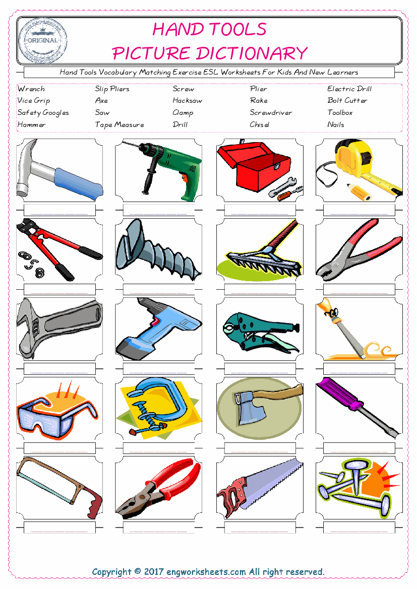  Hand Tools for Kids ESL Word Matching English Exercise Worksheet. 